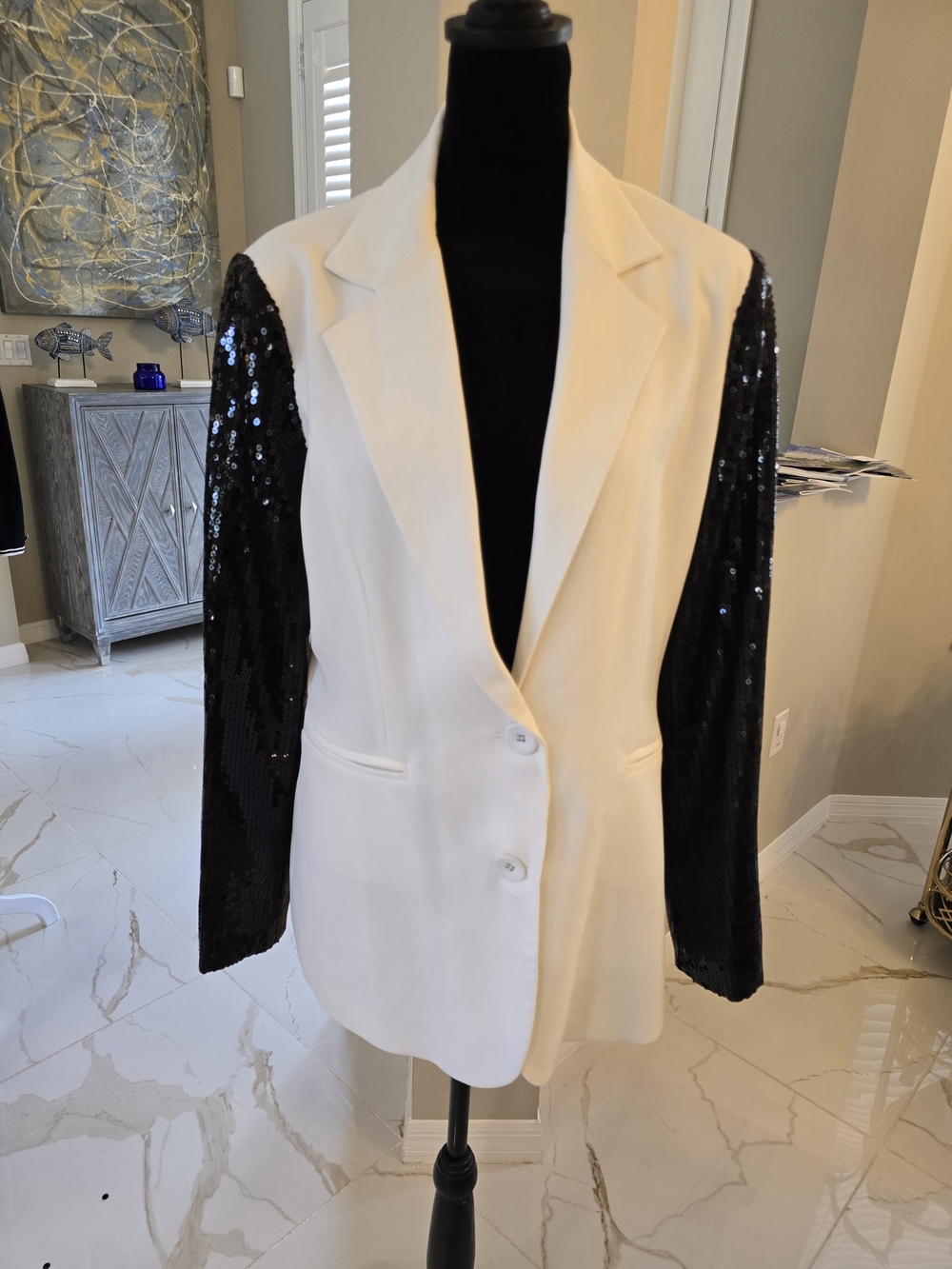 White Blazer with Black Sequin Sleeves - Women's Tailored Jacket